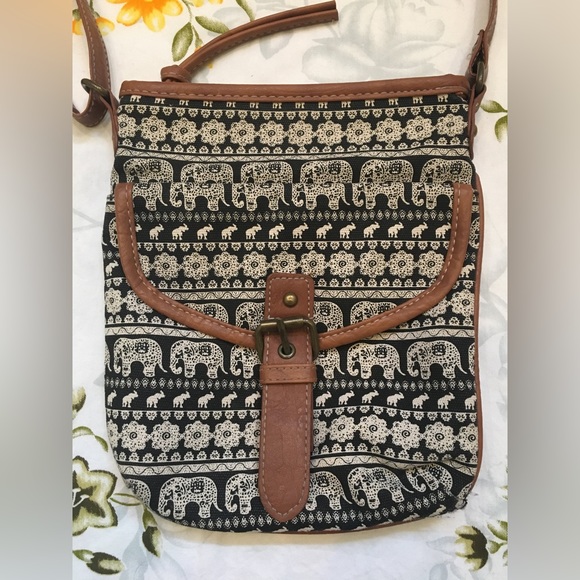 Black/White/Brown Elephant Patterned Crossbody Bag - Picture 3 of 7